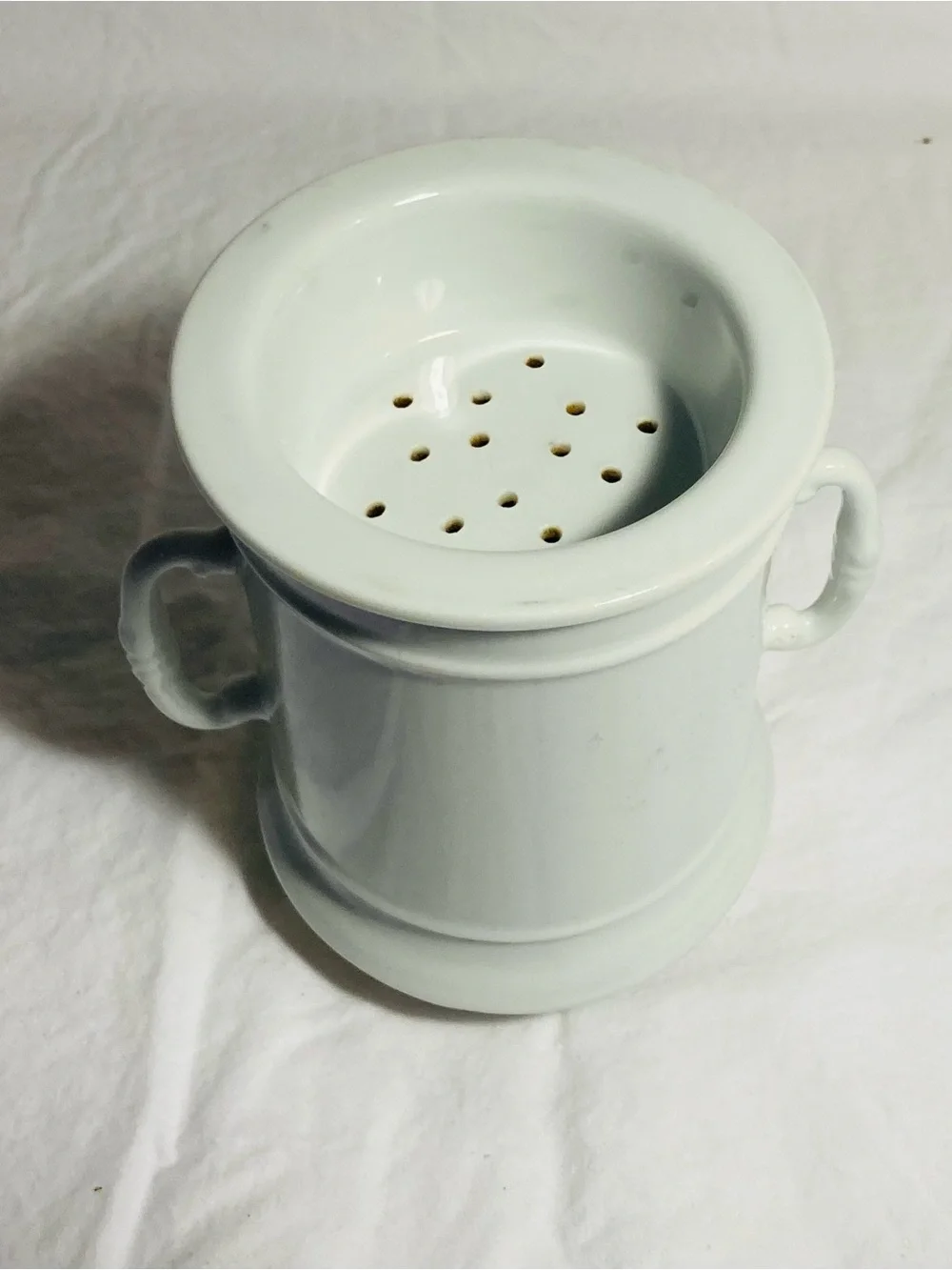 Vintage porcelain coffee/tea drip strainer with large two handle mug/cup
